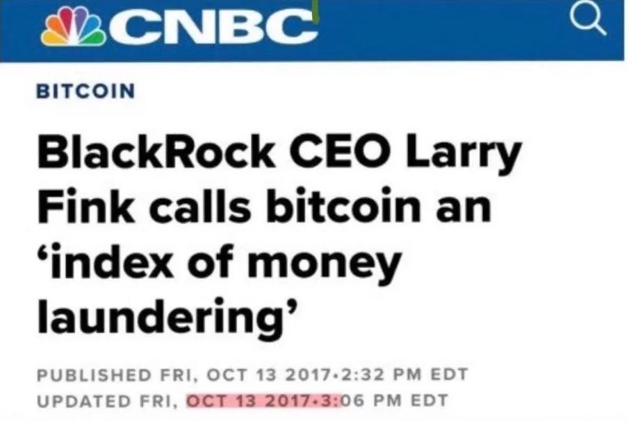 贝莱德的CEO Larry Fink在2017年称BTC是洗钱工具。