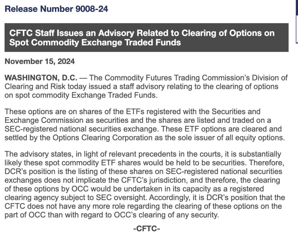 美国商品期货交易委员会（CFTC）刚刚发布通知，批准上市现货BTC ETF期权