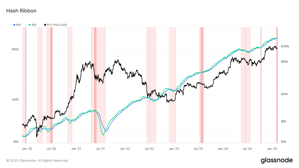 cointelegraph报道：BTC矿工近期出现新一轮"投降"迹象，哈希带指标显示30日平均算力已跌破60日平均值，暗示矿工因成本压力暂停运营。