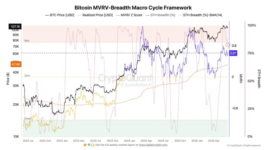 「MVRV Z值目前处于温和正值区间（+0.6），表明市场存在买入动能但尚未出现极端过热。